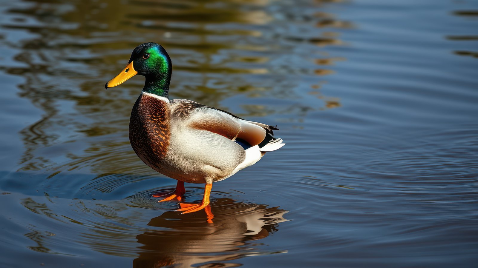 Mallard duck standing elegantly on the water surface in a serene pond during daylight hours